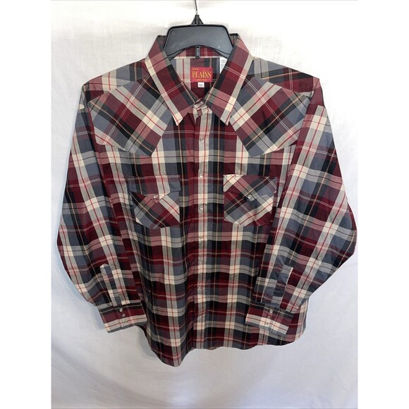 Ely Plains Men’s Pearl Snap Western Shirt Sz XL Burgundy Gray Plaid Rodeo Cowboy - Picture 1 of 12
